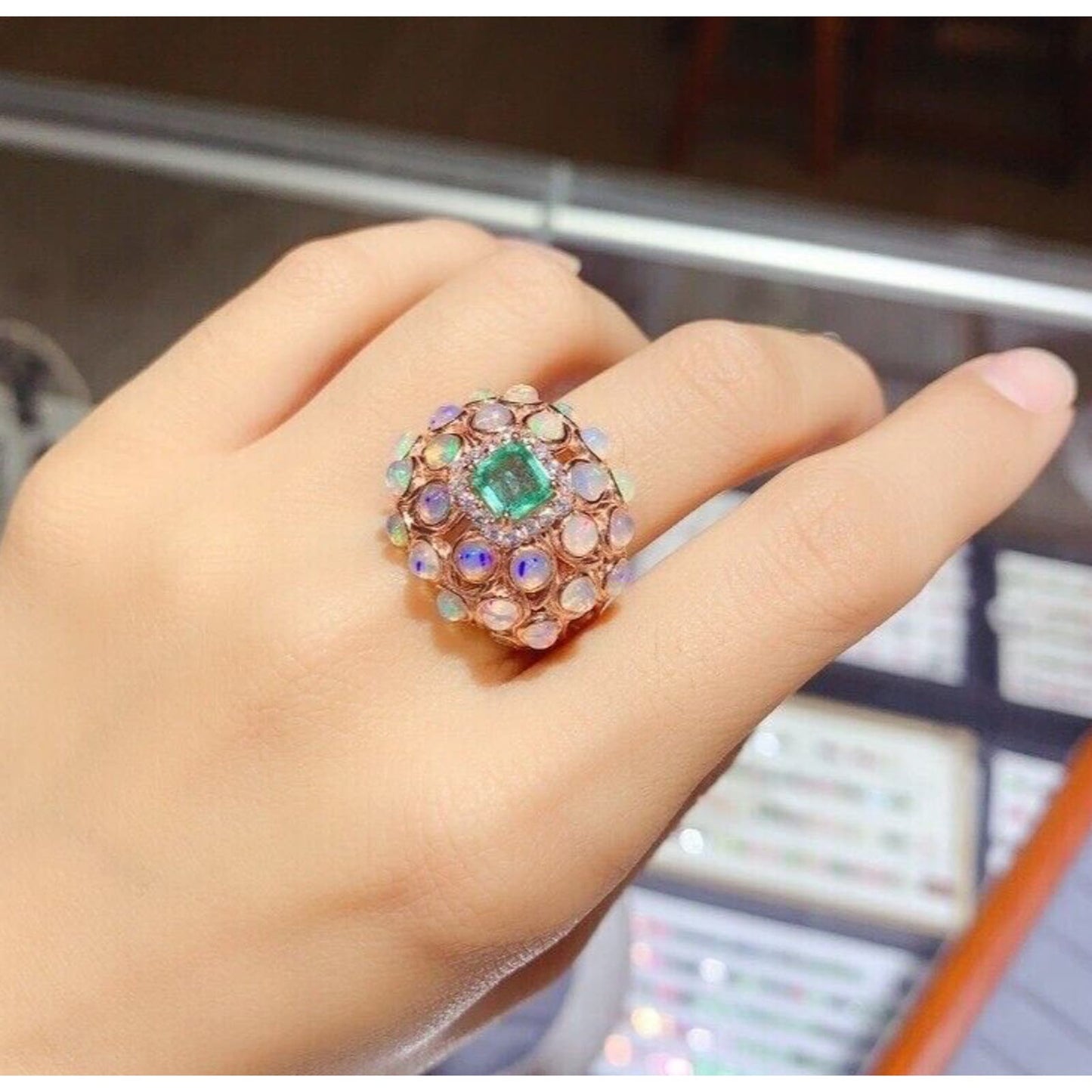 Fire Opal and Colombian Emerald Gemstone Statement Ring