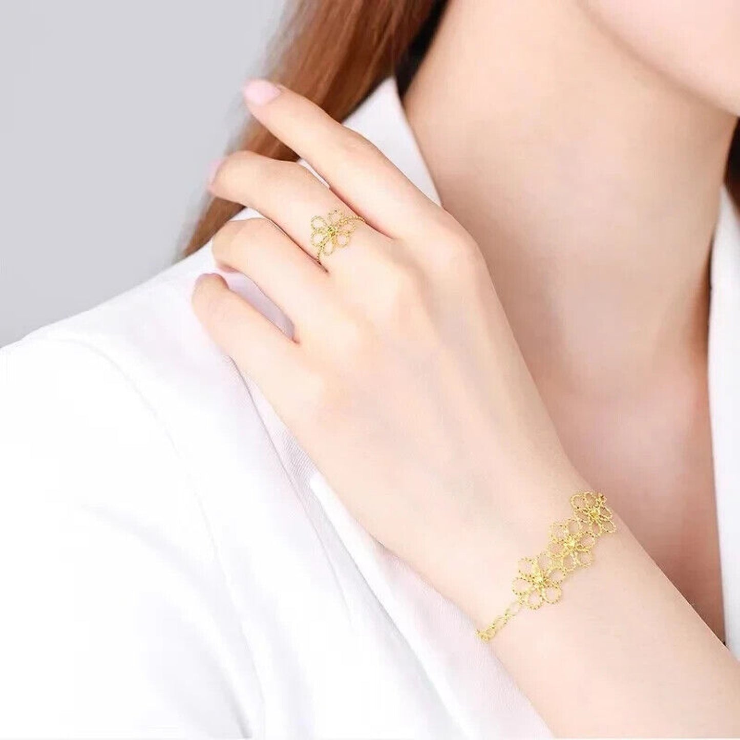 18k Gold Lace Bracelet, Yellow Gold Lace Flower Bracelet, Women's 18k Gold