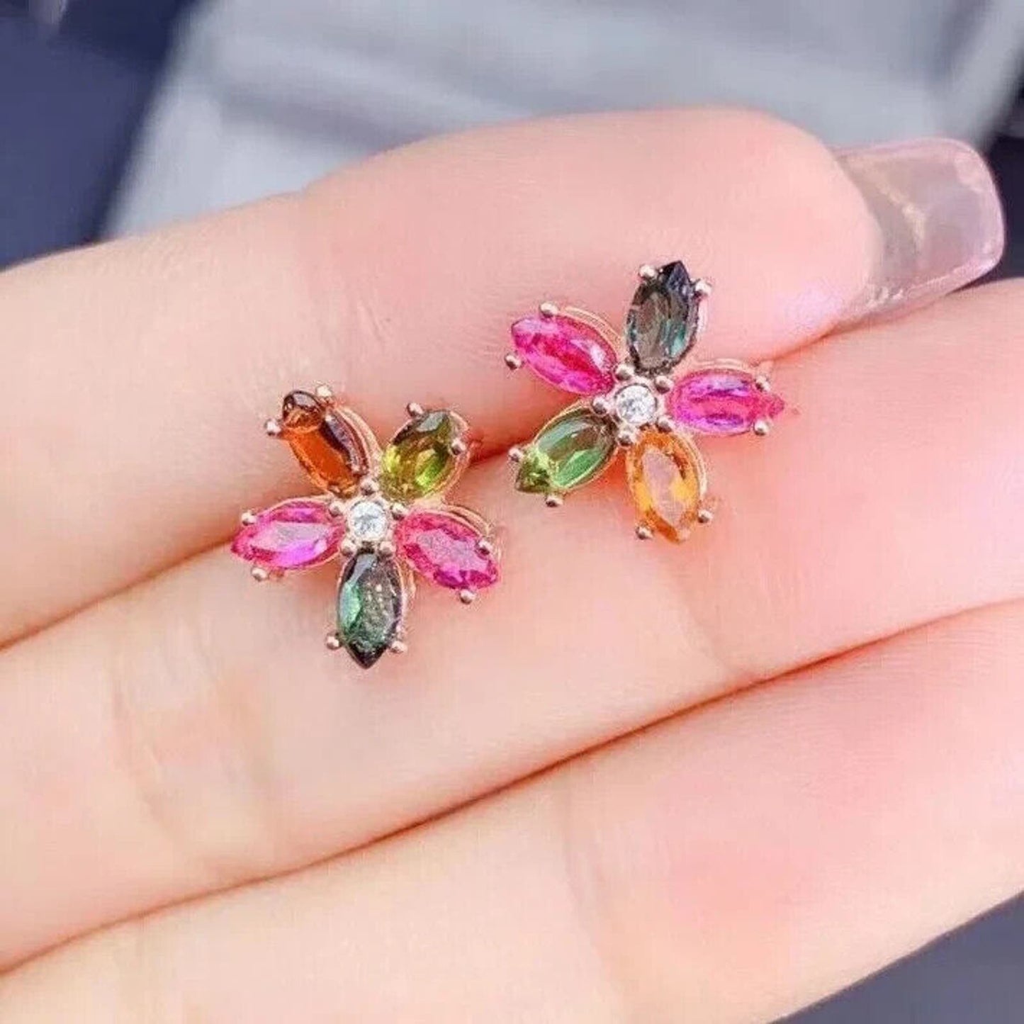 Dainty Tourmaline Flower Stud Earrings