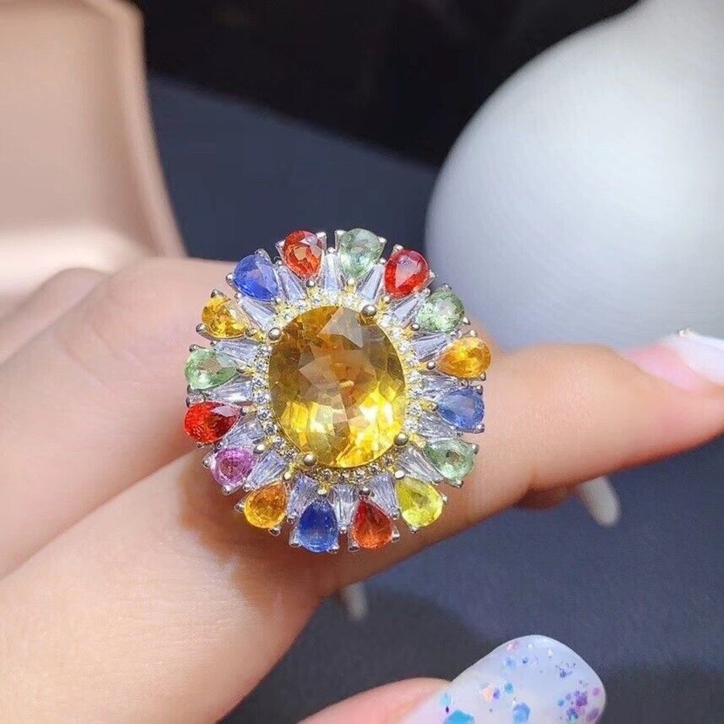 Natural Citrine and Sapphire Gemstone Ring, Colorful Citrine and Sapphire Ring