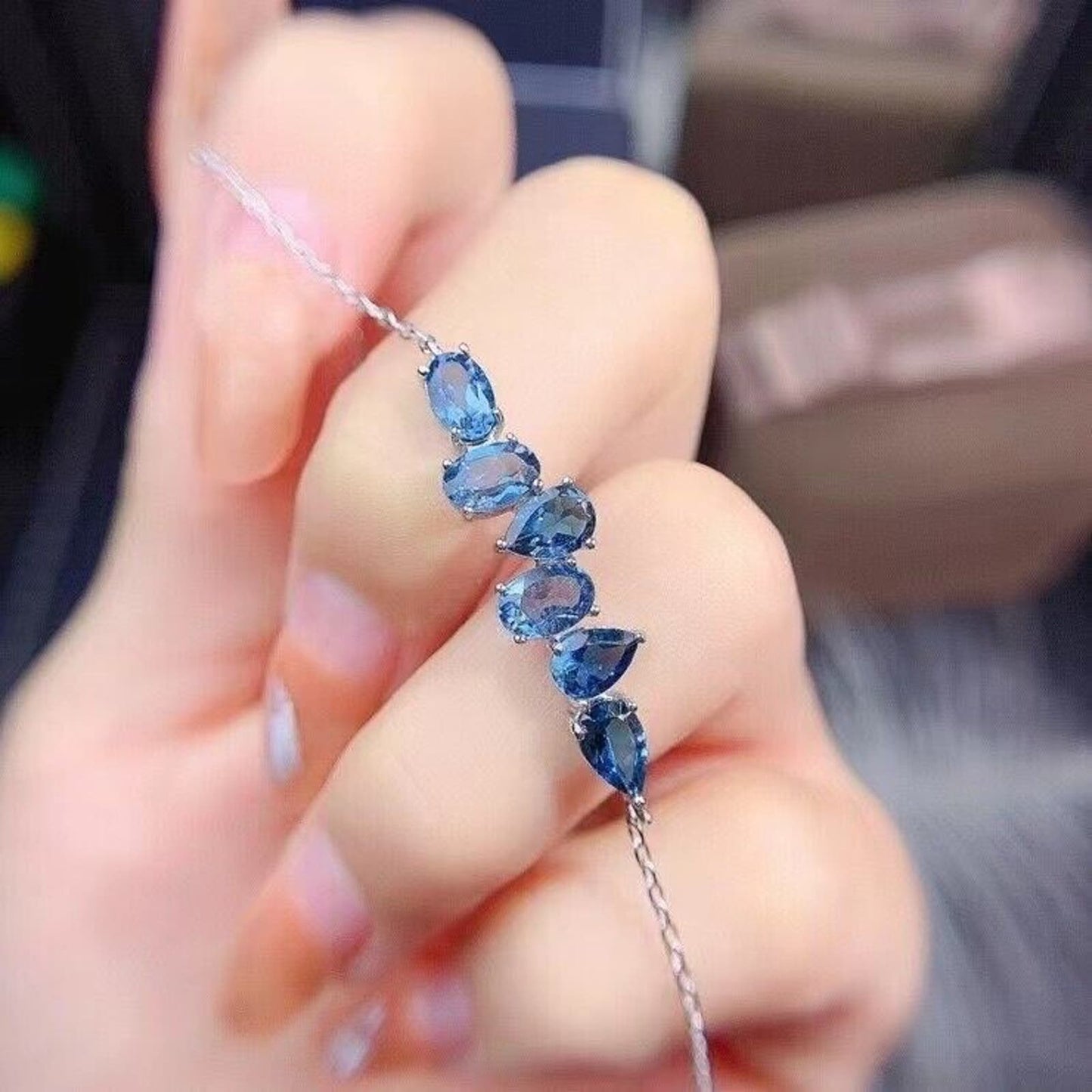 Natural Blue Topaz Dainty Chain Bracelet, 925 Sterling Silver Blue Topaz 4x6mm
