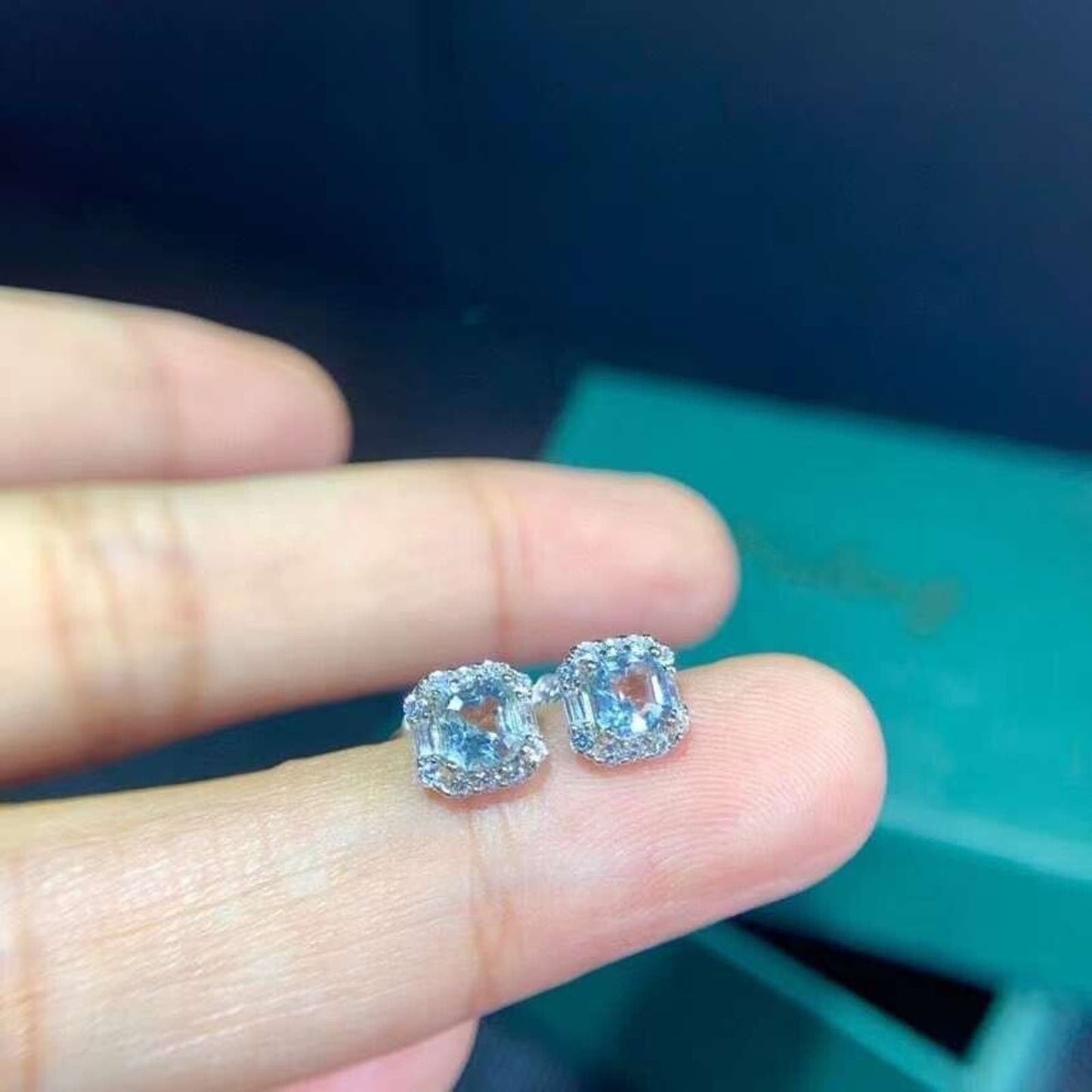 Natural Aquamarine Stud Earrings 4mm Platinum Plated