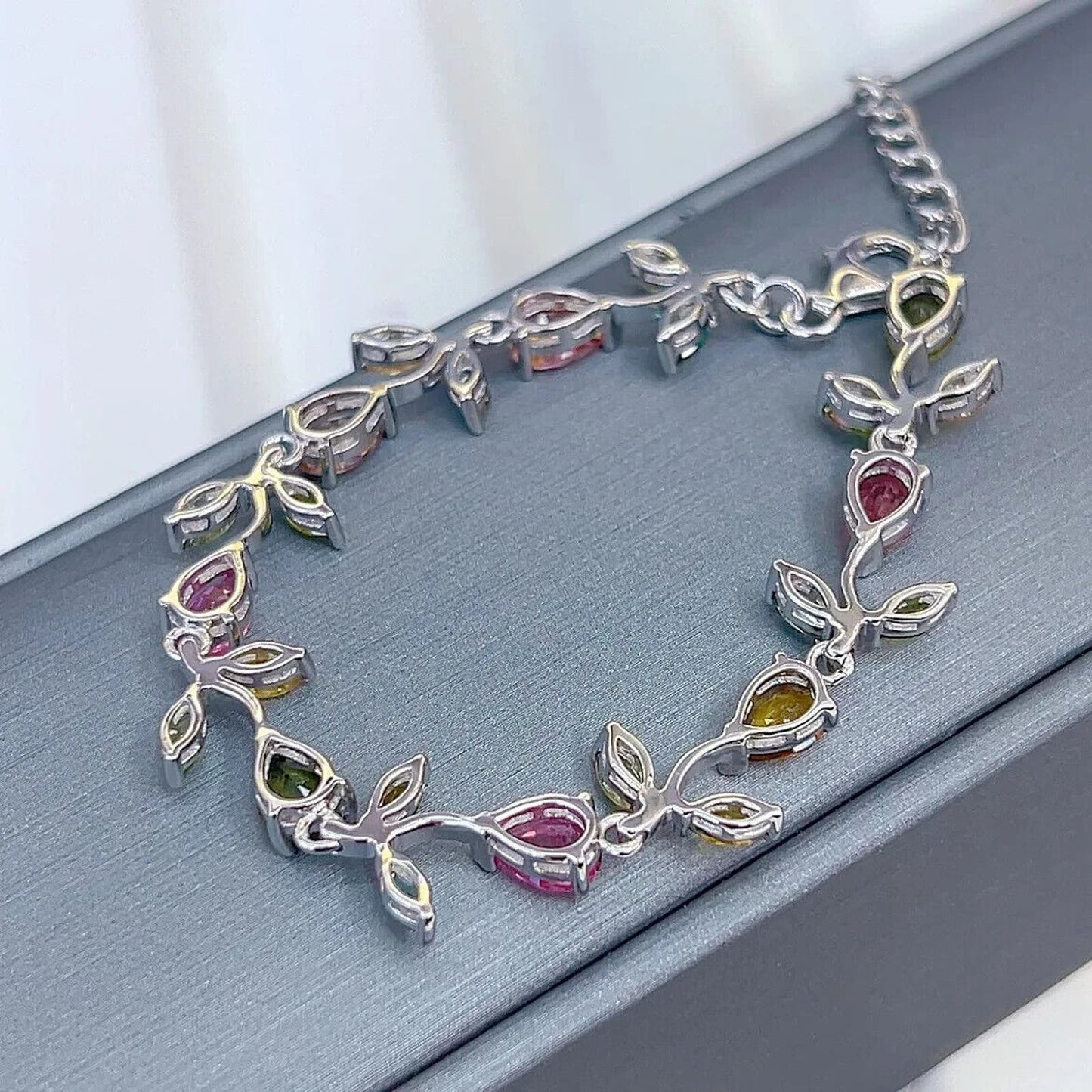 Tourmaline Gemstone Leaf Tennis Bracelet Sterling Silver