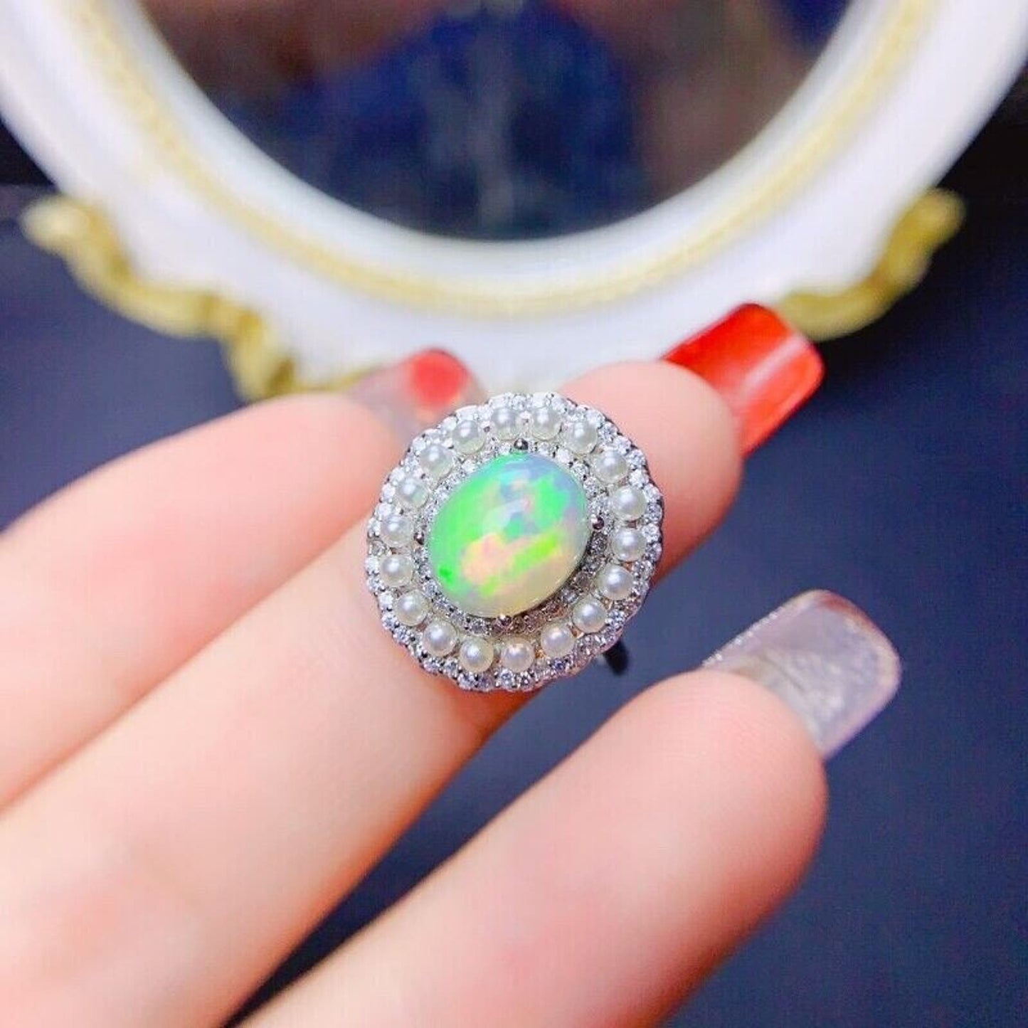 Australian Opal and Faux Pearl Statement Ring 8x10mm