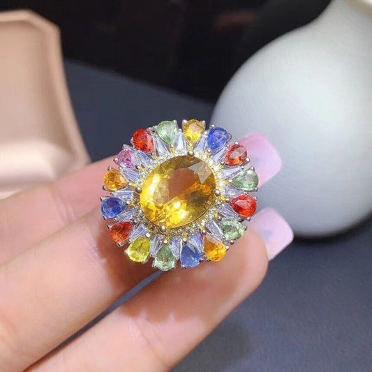 Natural Citrine and Sapphire Gemstone Ring, Colorful Citrine and Sapphire Ring