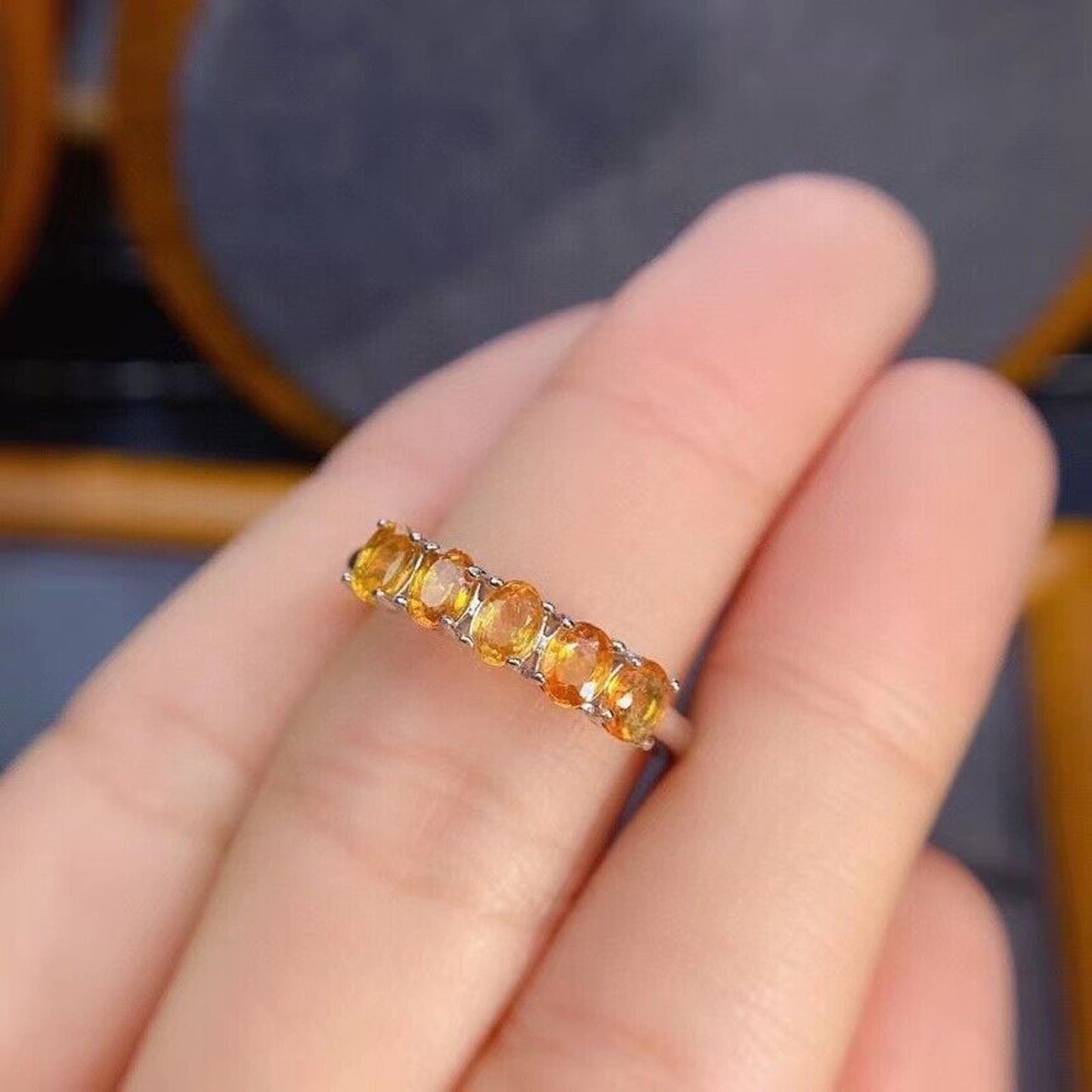 Citrine Gemstone Stackable Band Ring 3x4mm Sterling Silver