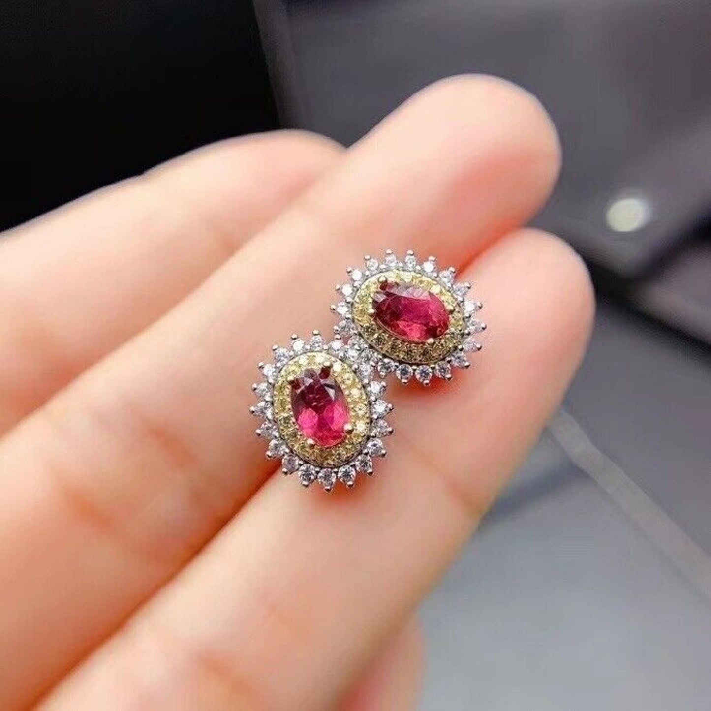 Natural Pink Tourmaline Cluster Stud Earrings 925 Sterling Silver