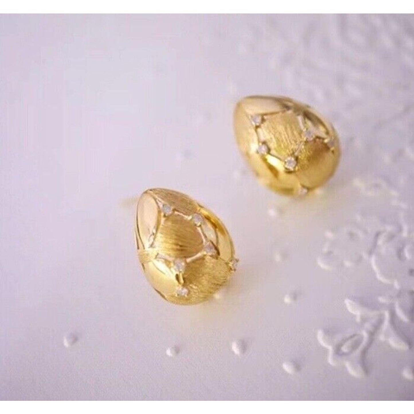 18K Gold Egg Shaped Diamond Stud Earrings, 0.13 Carat Diamond 18k Yellow Gold