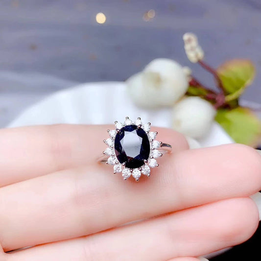 Dark Blue Black Sapphire Ring, Prince Diana Sapphire Ring, Sapphire Engagement Ring