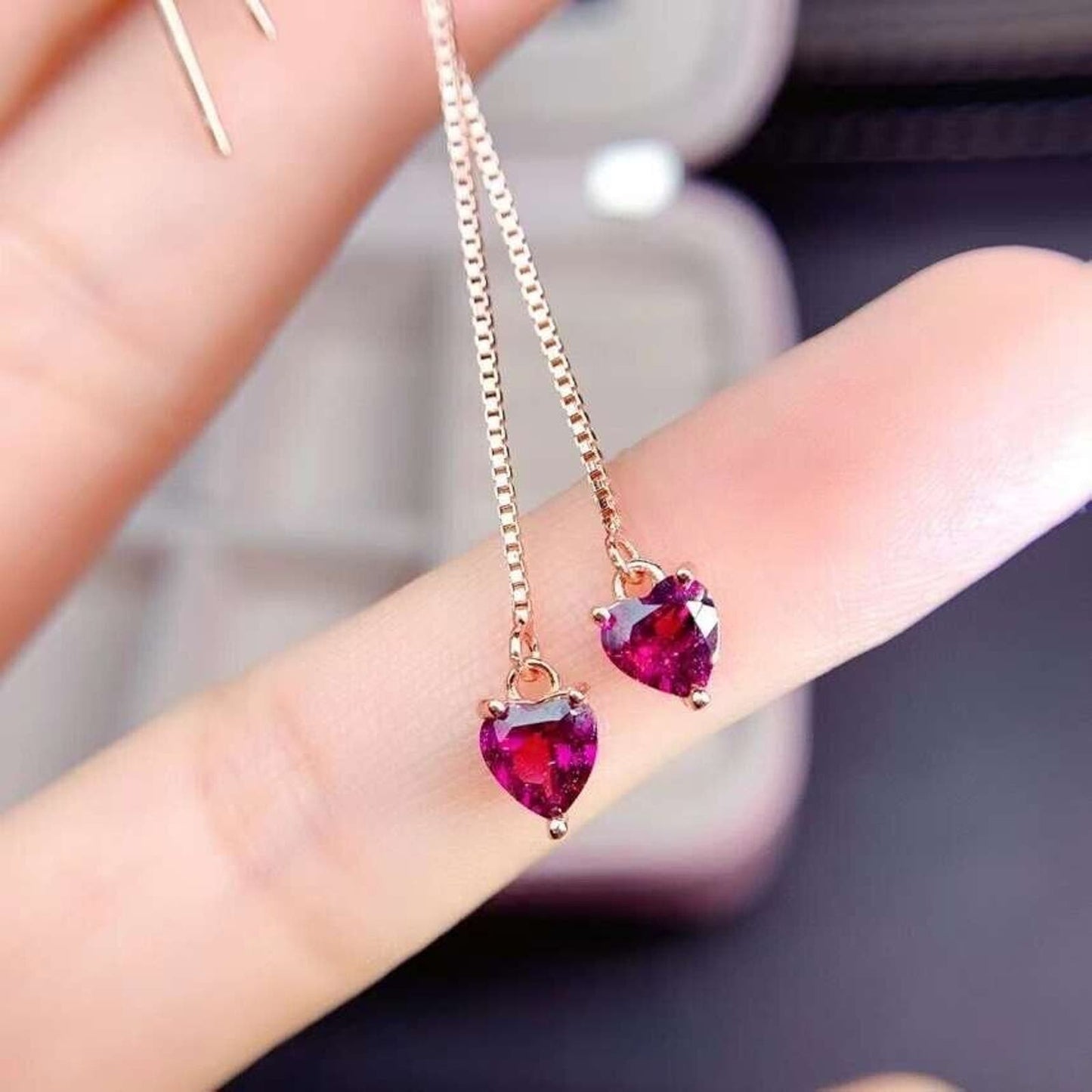 Dark Pink/ Red Garnet Heart Dangle Earrings 4mm Sterling Silver