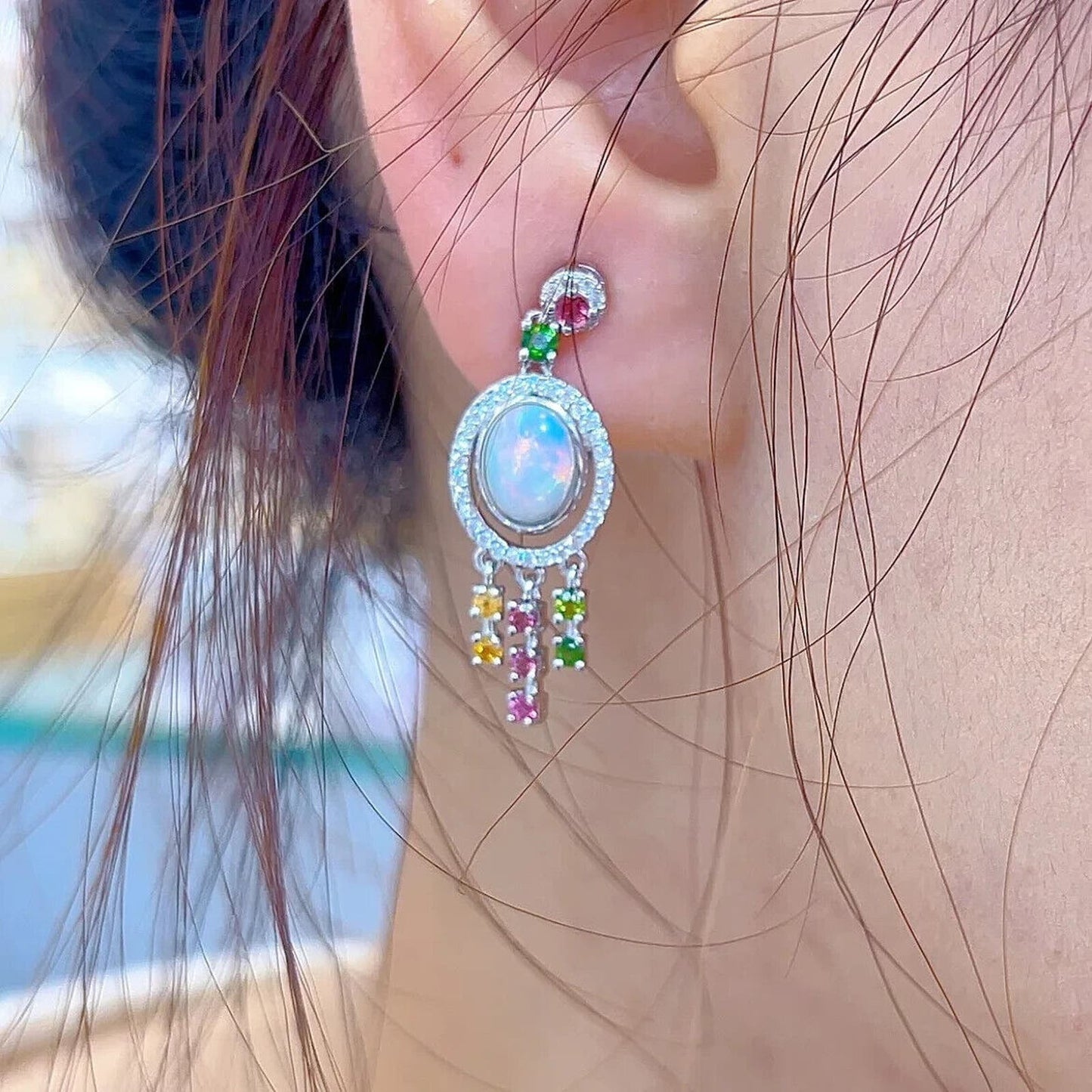White Opal and Brazilian Tourmaline Dangle Earrings