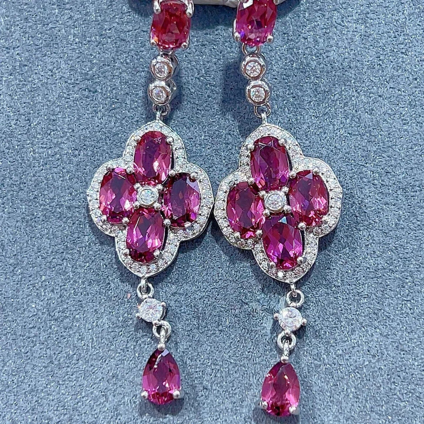 Pink Garnet Gemstone Dangle Earrings, Long Gemstone Dangle Earrings Platinum