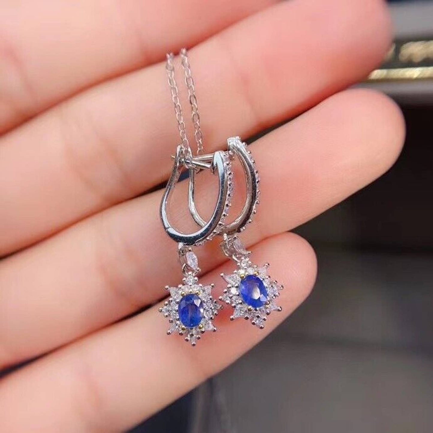 Natural Sapphire Earrings, Sapphire Dangle Earrings, Sri Lanka Sapphire Earrings