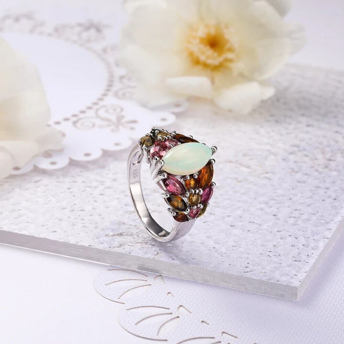 Marquise Cut Opal and Multicolor Tourmaline Gemstone Ring