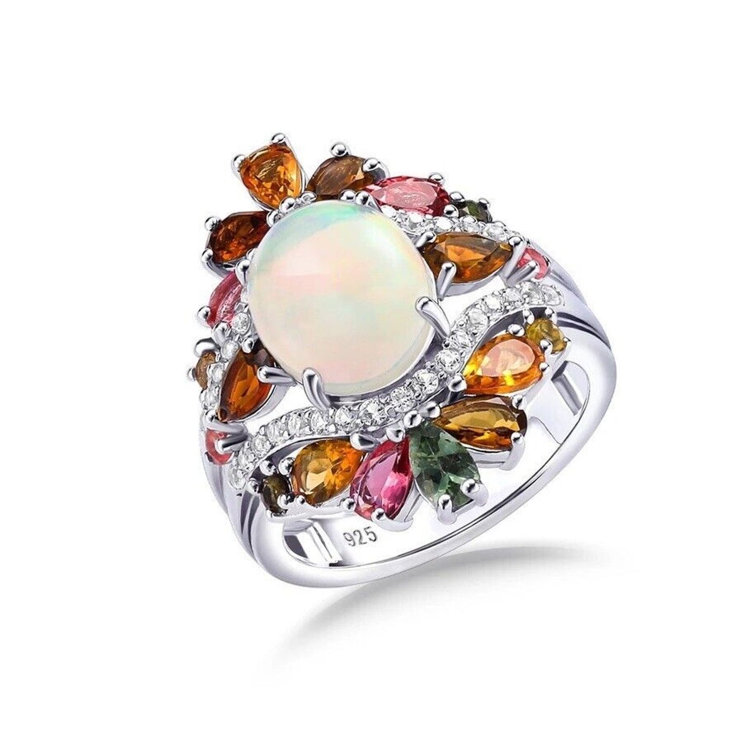 Fire Opal and Tourmaline Cluster Statement Ring