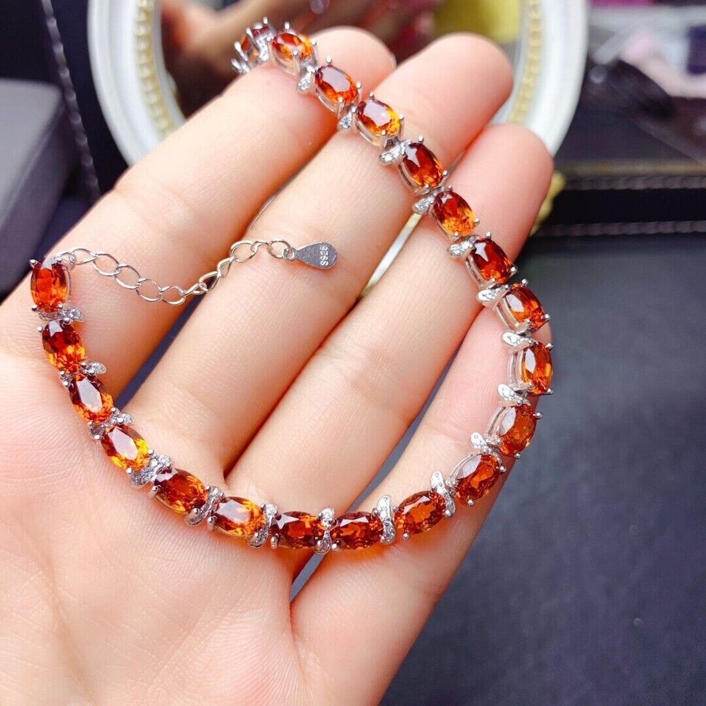 Orange Garnet Oval Cut Tennis Bracelet 4x6mm Platinum Plated