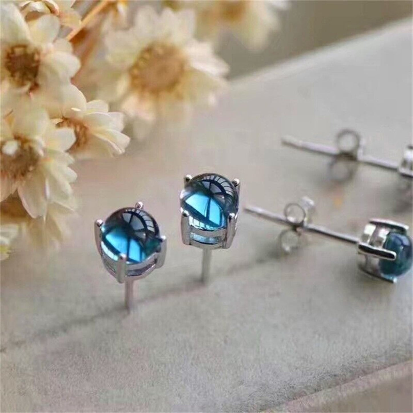 Swiss Blue Topaz Round Cabochon Earrings 5mm