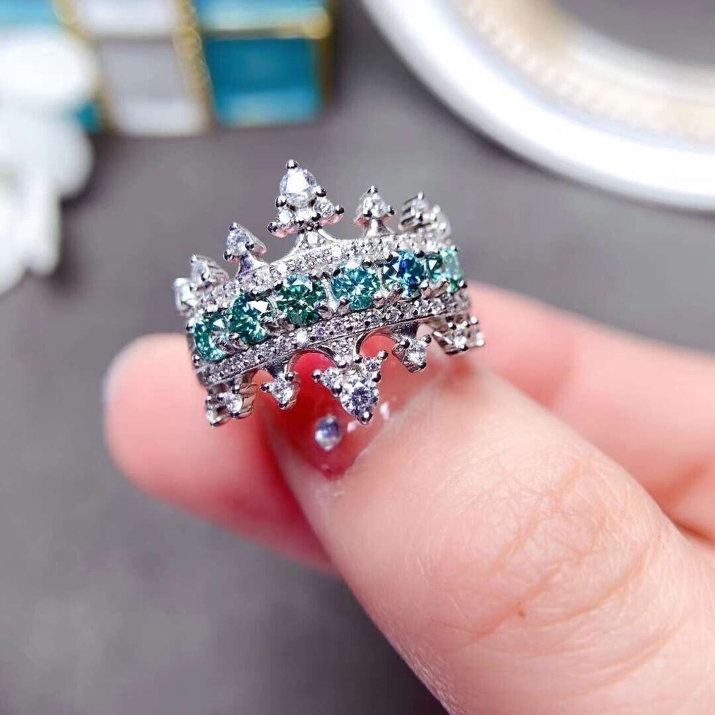 Princess Statement Ring Green Moissanite Crown Ring 3mm
