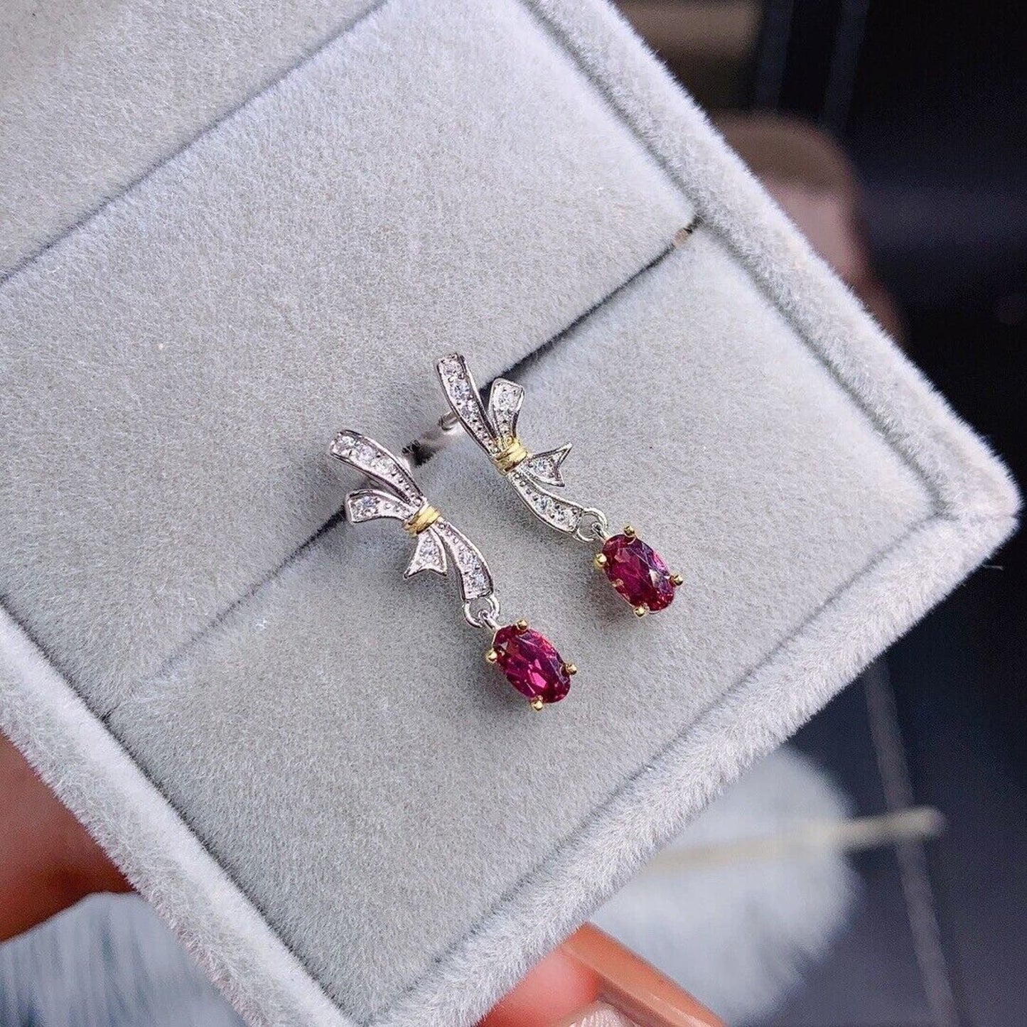 Pink Garnet Dainty Bowtie Earrings Platinum Plated, Pink Garnet Dangle Earrings