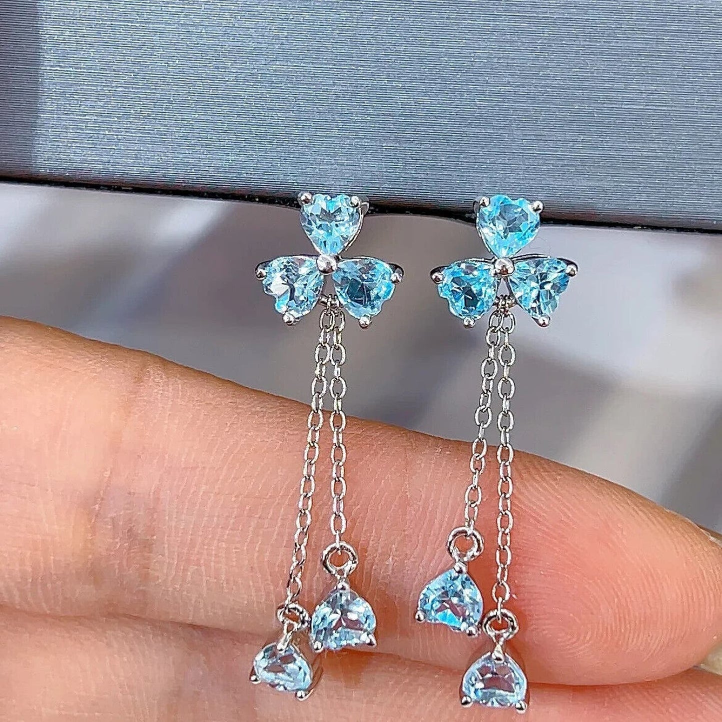 Sky Blue Topaz Clover Dangle Earrings 4mm