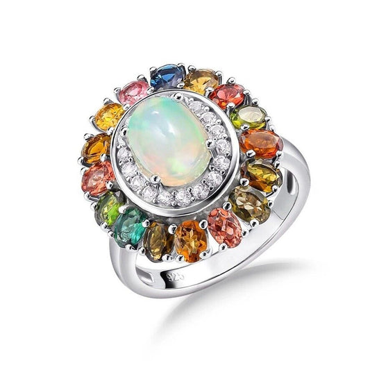 Fire Opal and Tourmaline Gemstone Cluster Ring Sterling Silver
