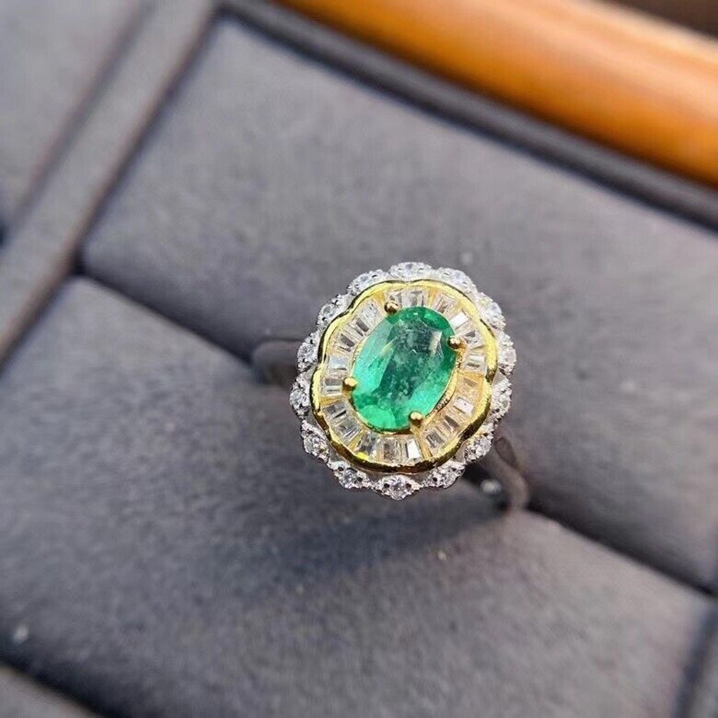 Colombian Emerald Two Tone Cocktail Ring 5x7mm