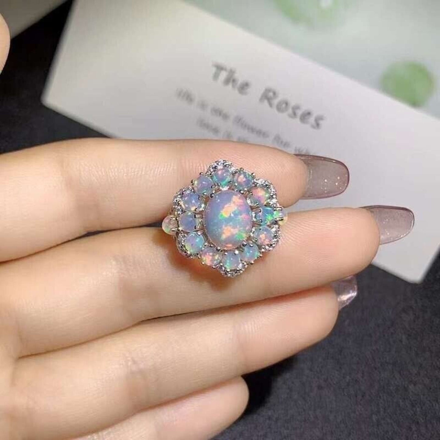 Fire Opal Flower Cluster Statement Ring 925 Sterling Silver