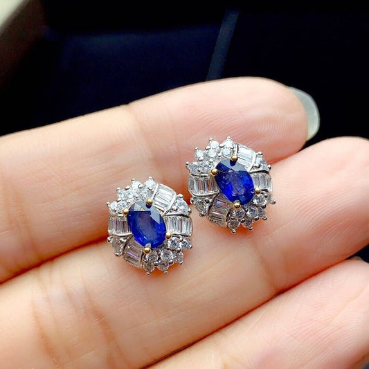 Blue Sapphire Stud Earrings Sri Lanka Sapphire, Silver Sapphire Earrings