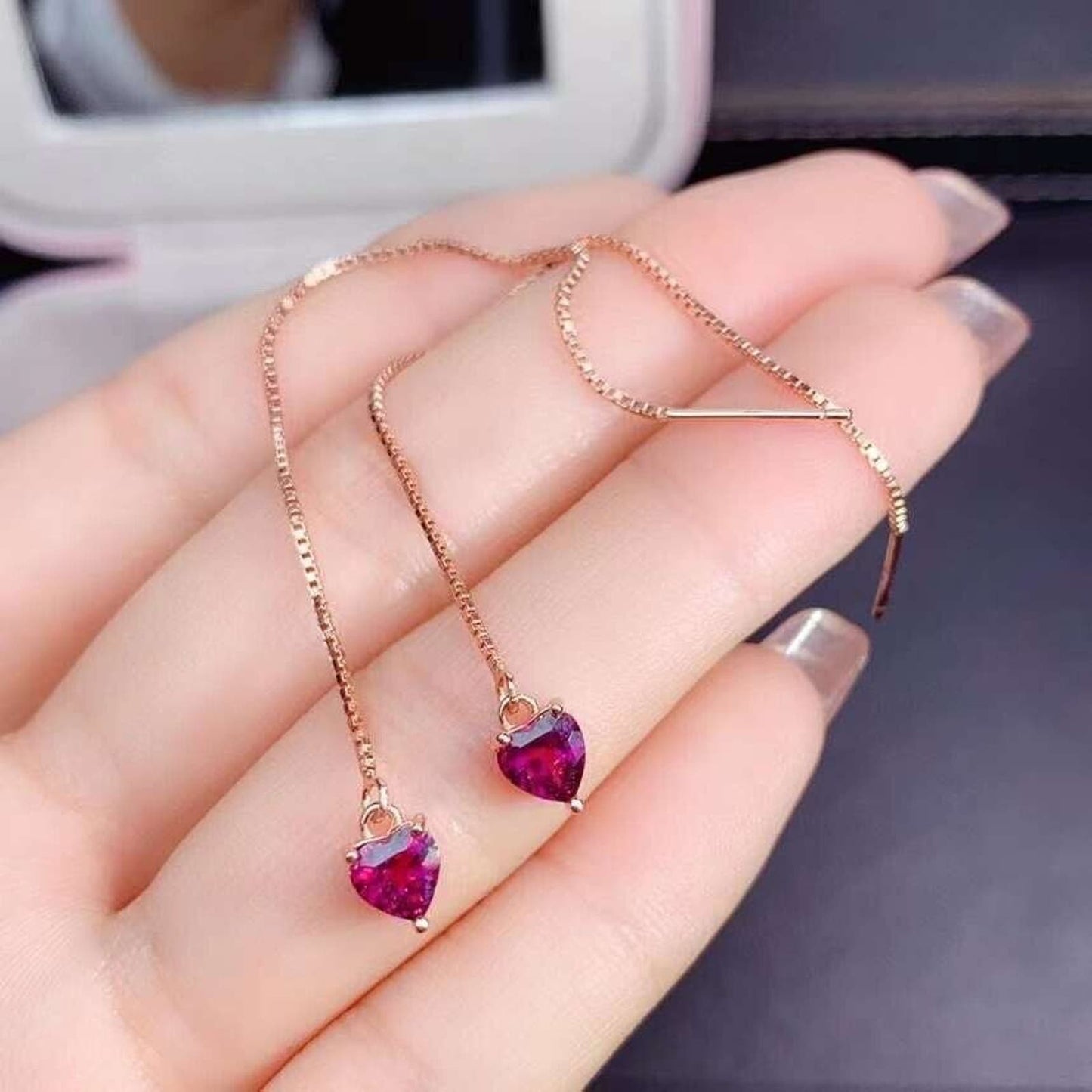 Dark Pink/ Red Garnet Heart Dangle Earrings 4mm Sterling Silver