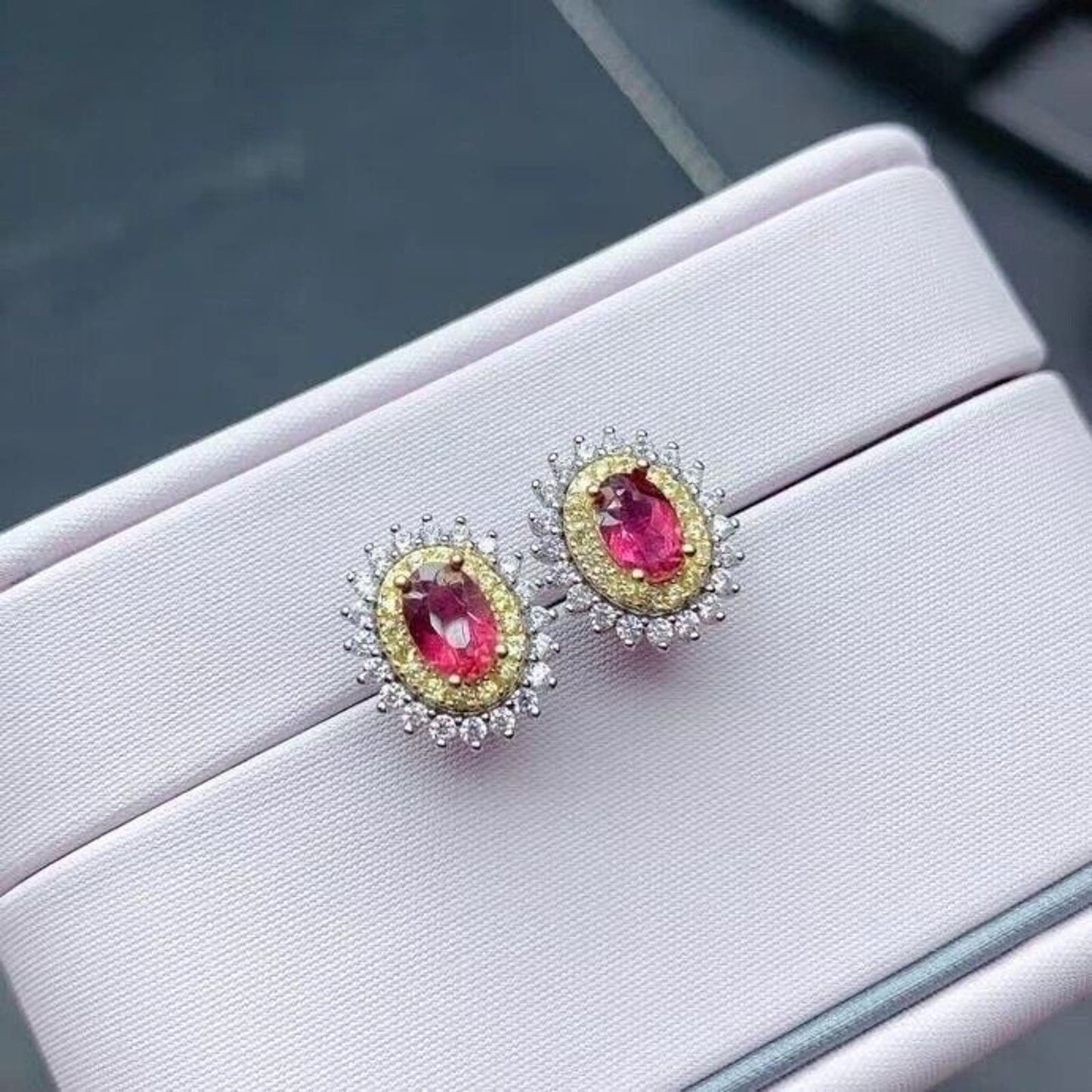 Natural Pink Tourmaline Cluster Stud Earrings 925 Sterling Silver