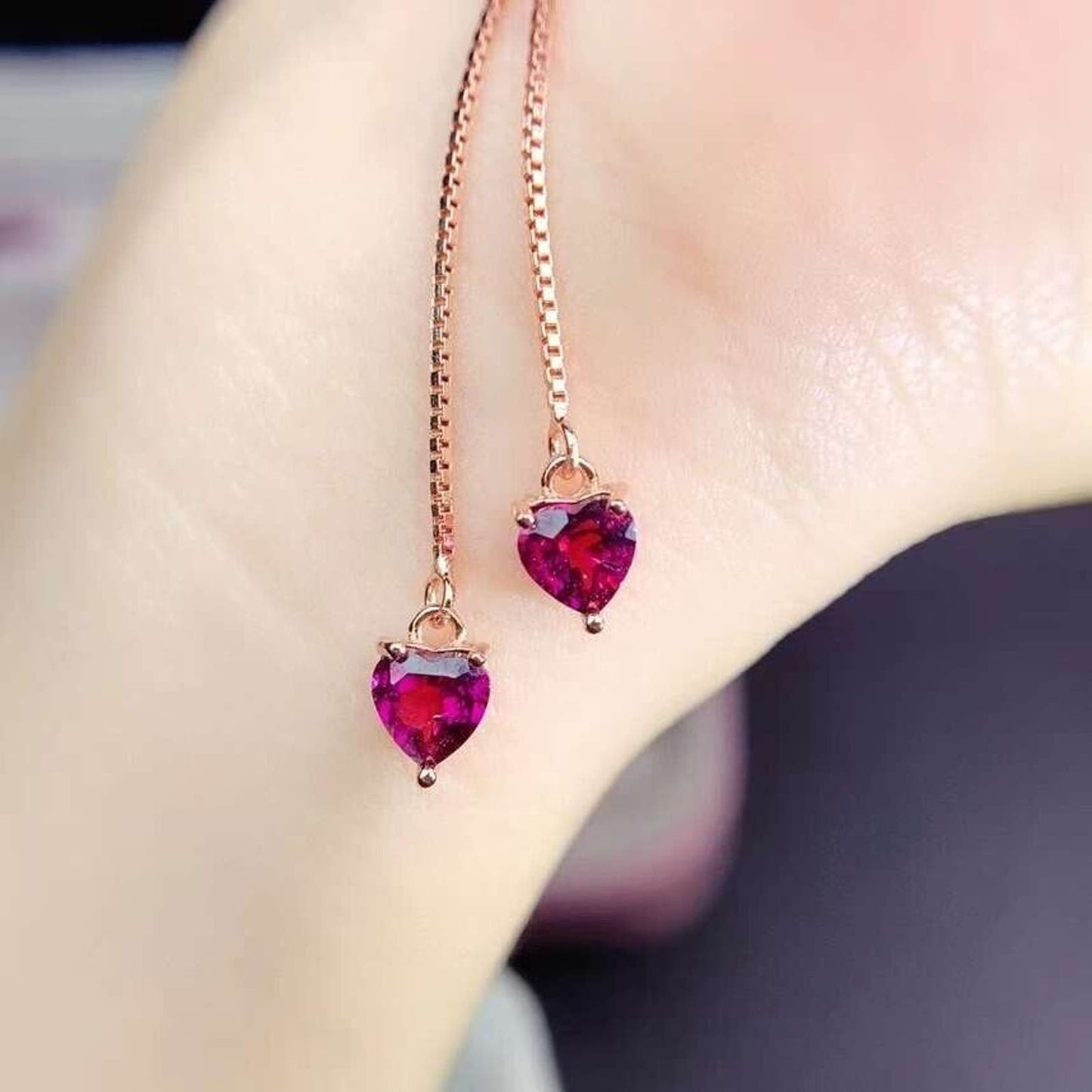 Dark Pink/ Red Garnet Heart Dangle Earrings 4mm Sterling Silver