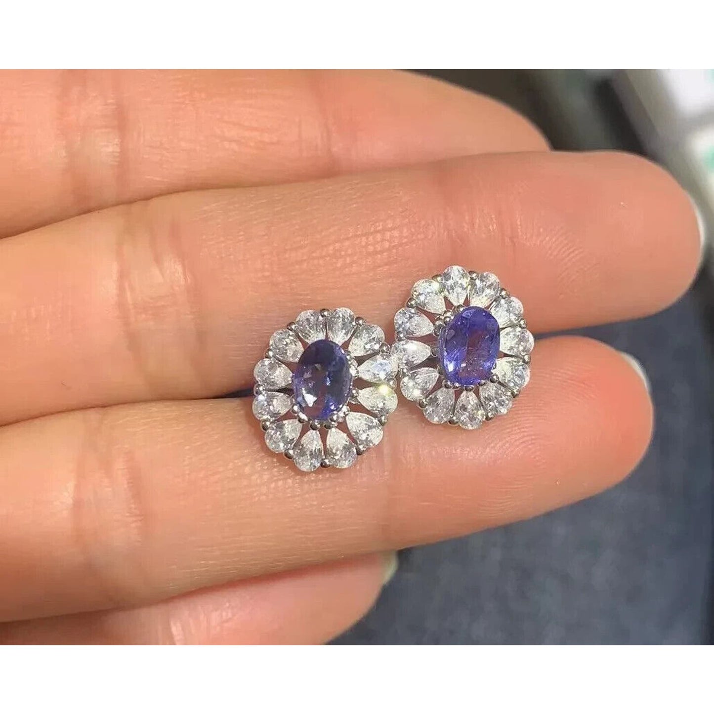 Tanzanite Cluster Stud Earrings 4x6mm Platinum Plated