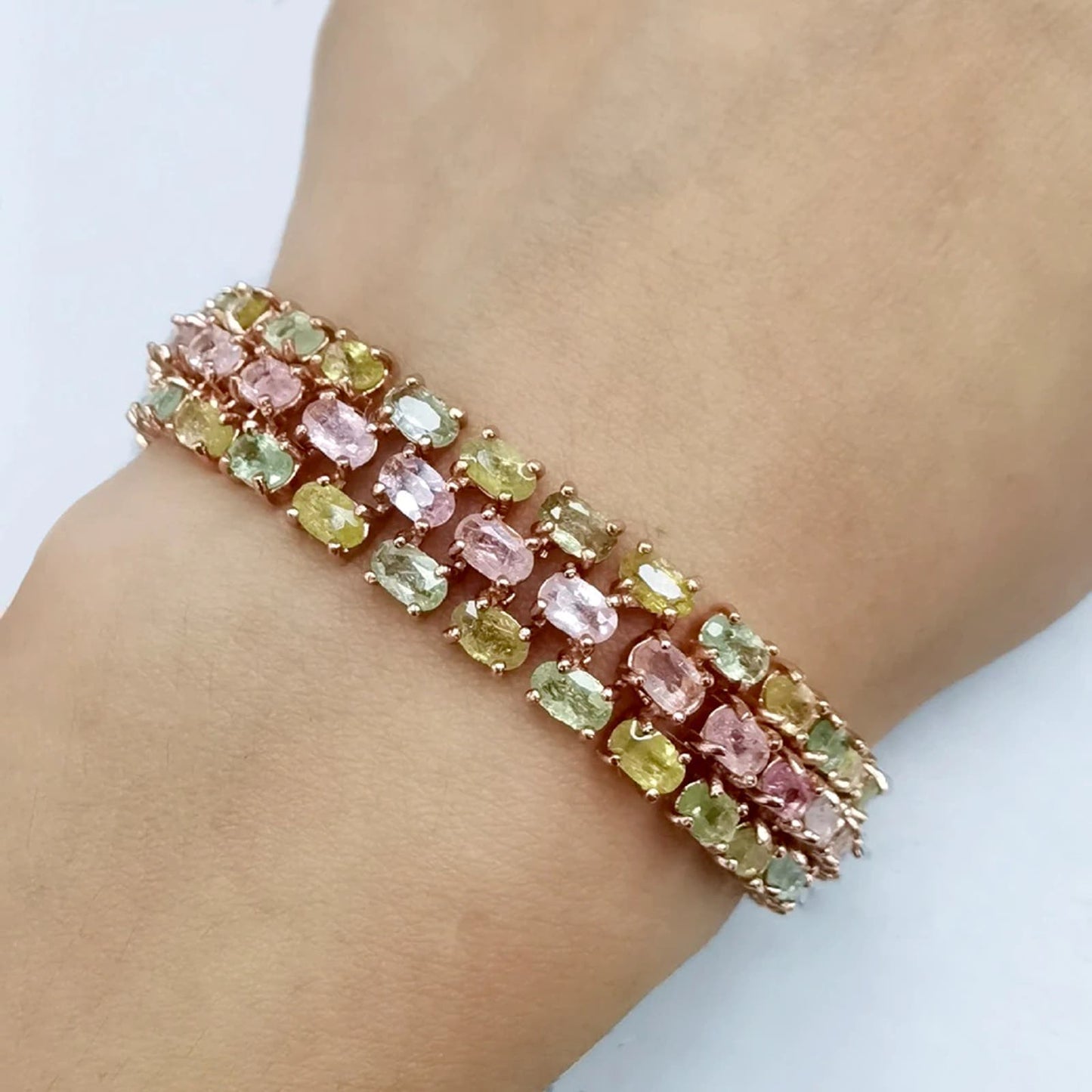 Multilayer Tourmaline Gemstone Tennis Bracelet Rose Gold