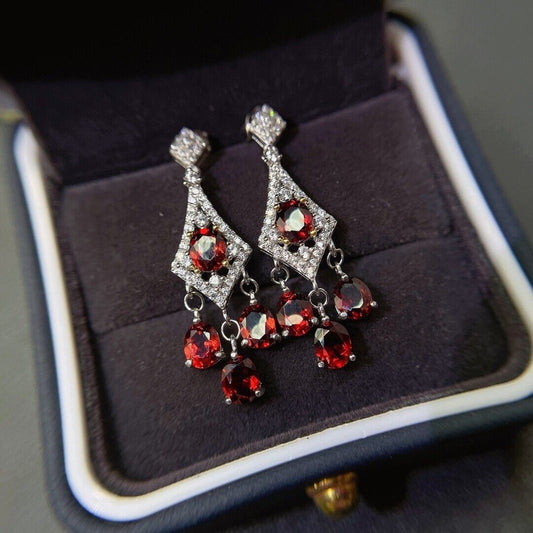 Natural Red Garnet Dangle Earrings 4x5mm Platinum Plated