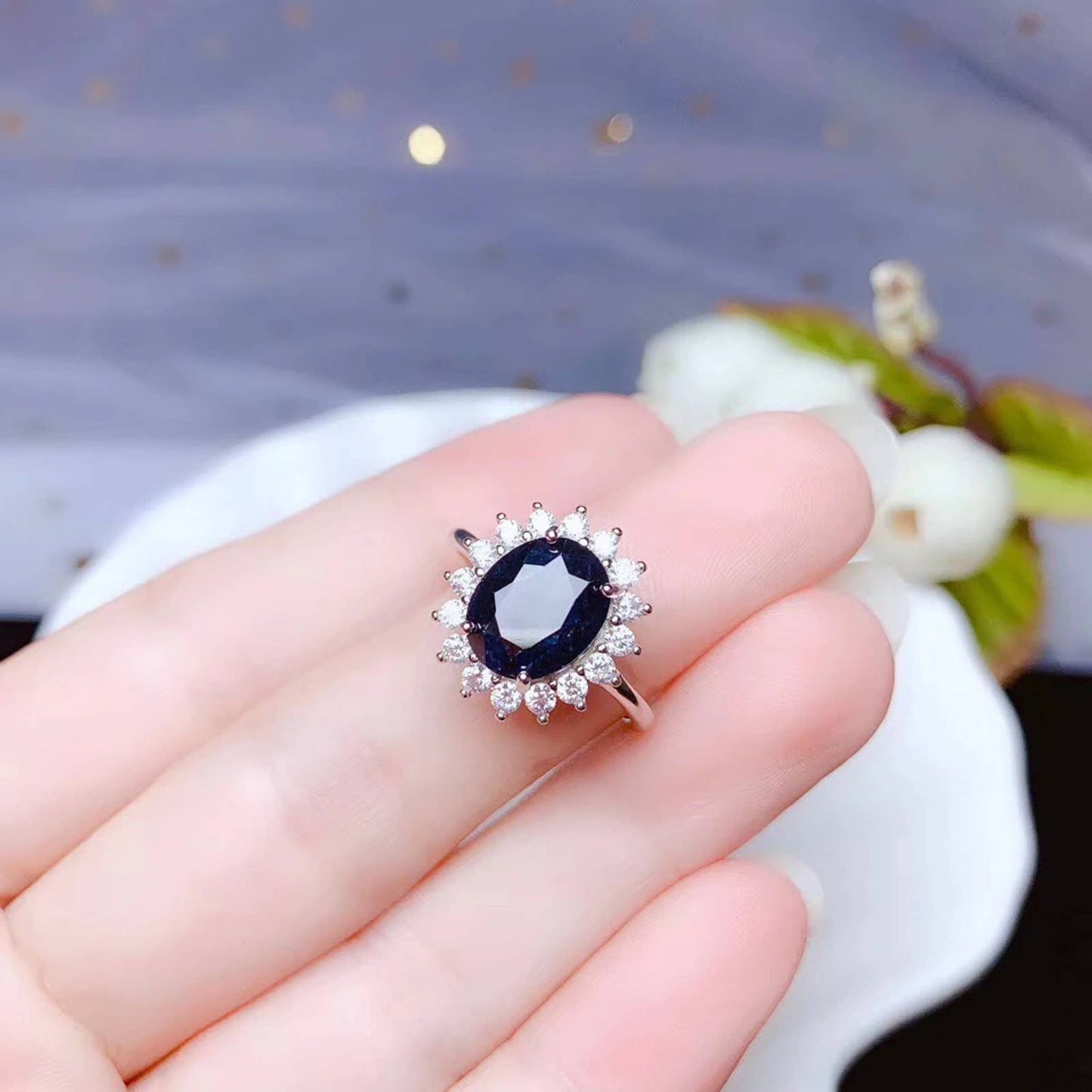 Dark Blue Black Sapphire Ring, Prince Diana Sapphire Ring, Sapphire Engagement Ring