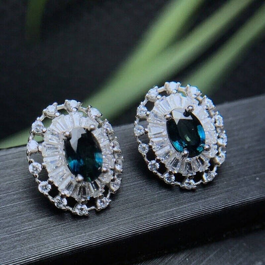 Dark Blue Sapphire Stud Earrings, VVS Grade Large Blue Sapphire Stud Earrings