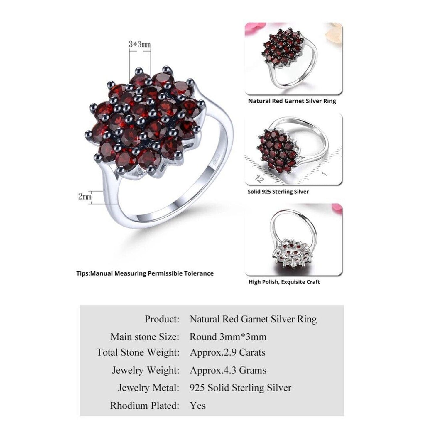 Dark Red Garnet Flower Cluster Ring, Large Garnet Statement Ring