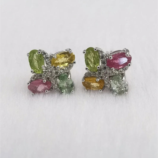 Natural Tourmaline Cluster Stud Earrings Platinum Plated