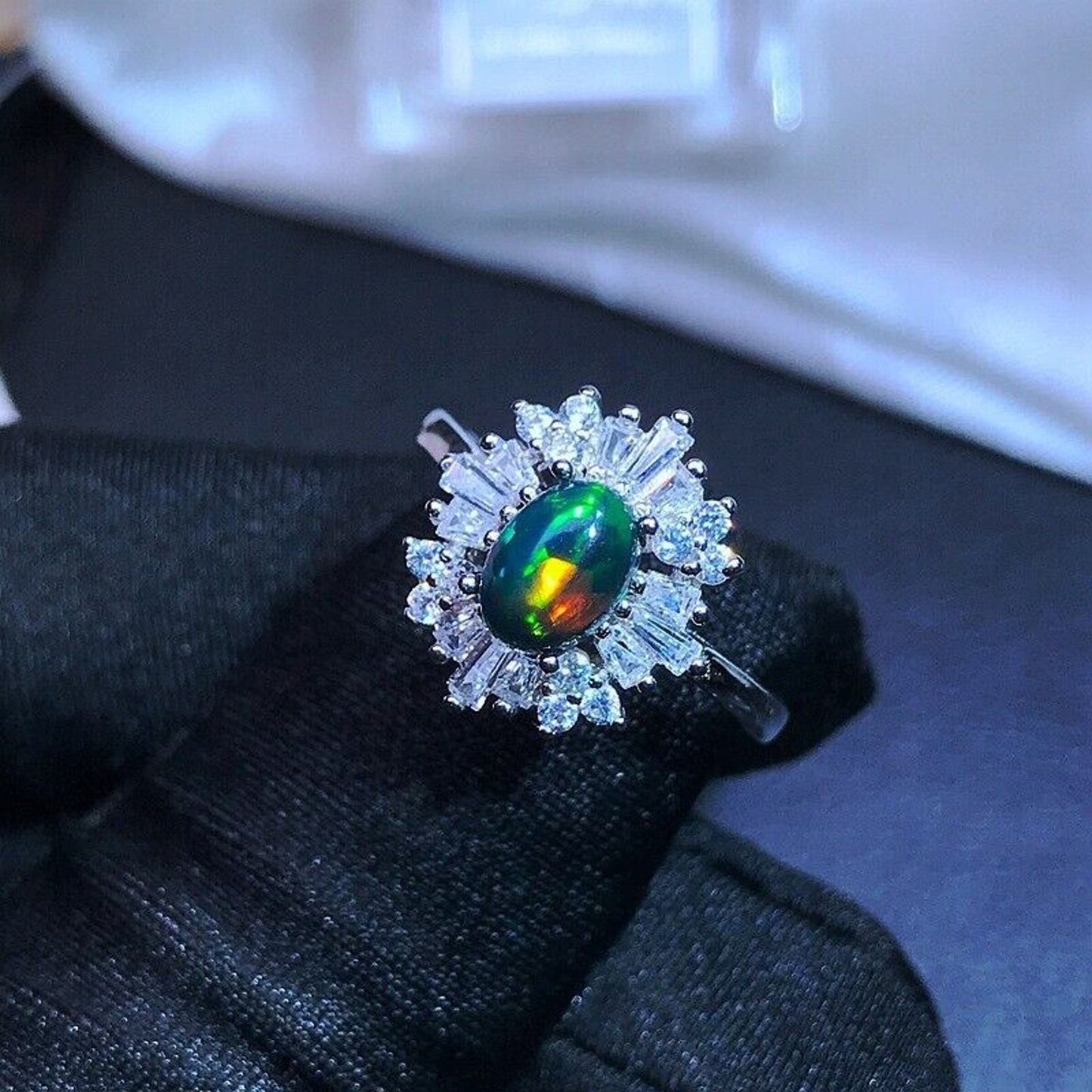 Black Opal Cluster Ring 5x7mm Sterling Silver