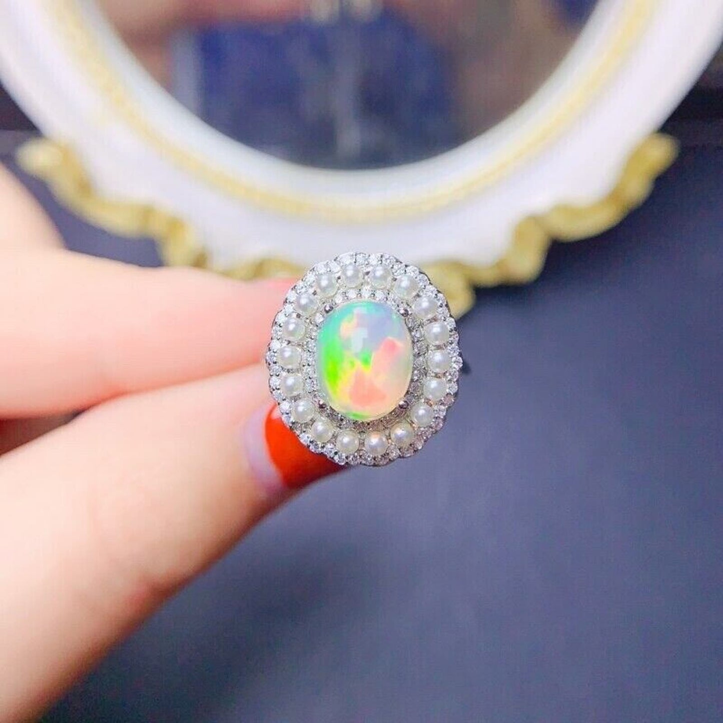 Australian Opal and Faux Pearl Statement Ring 8x10mm