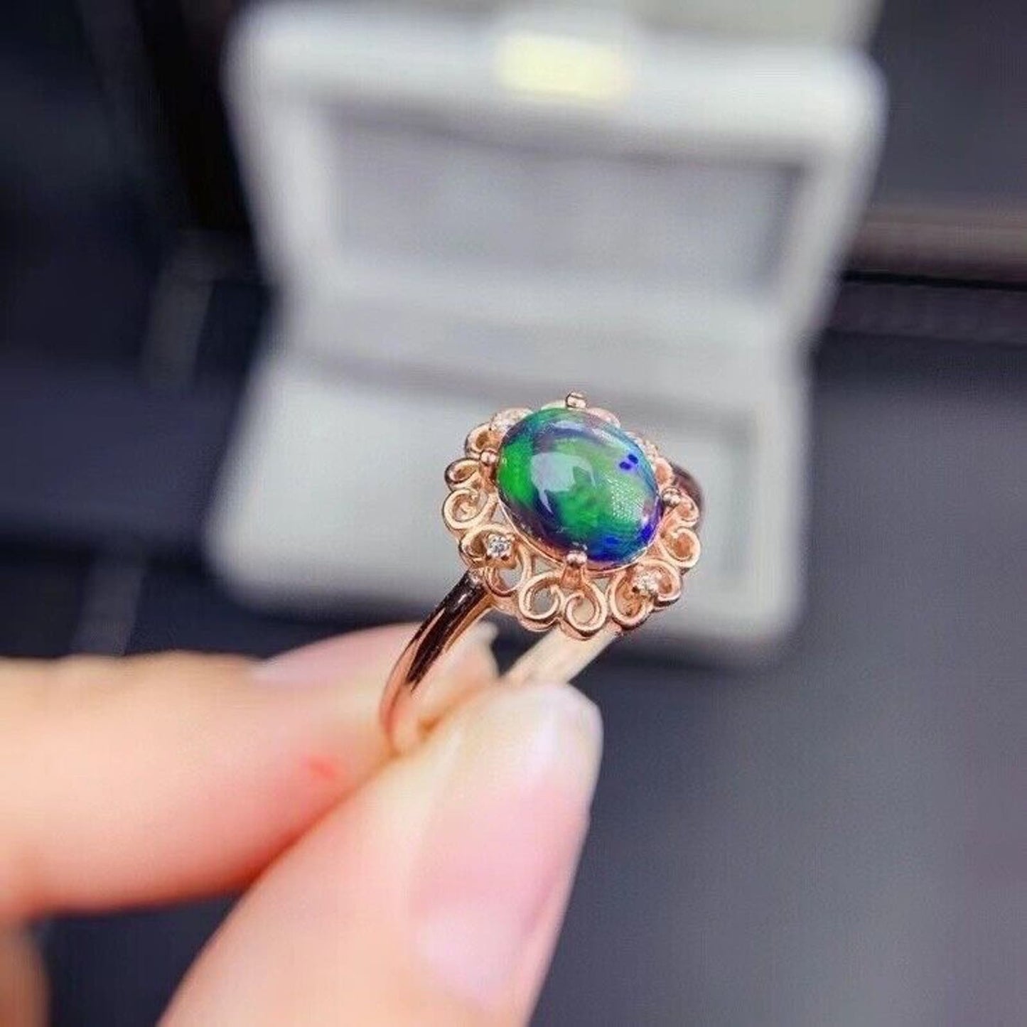 Dainty Black Opal Flower Ring 6x8mm Rose Gold