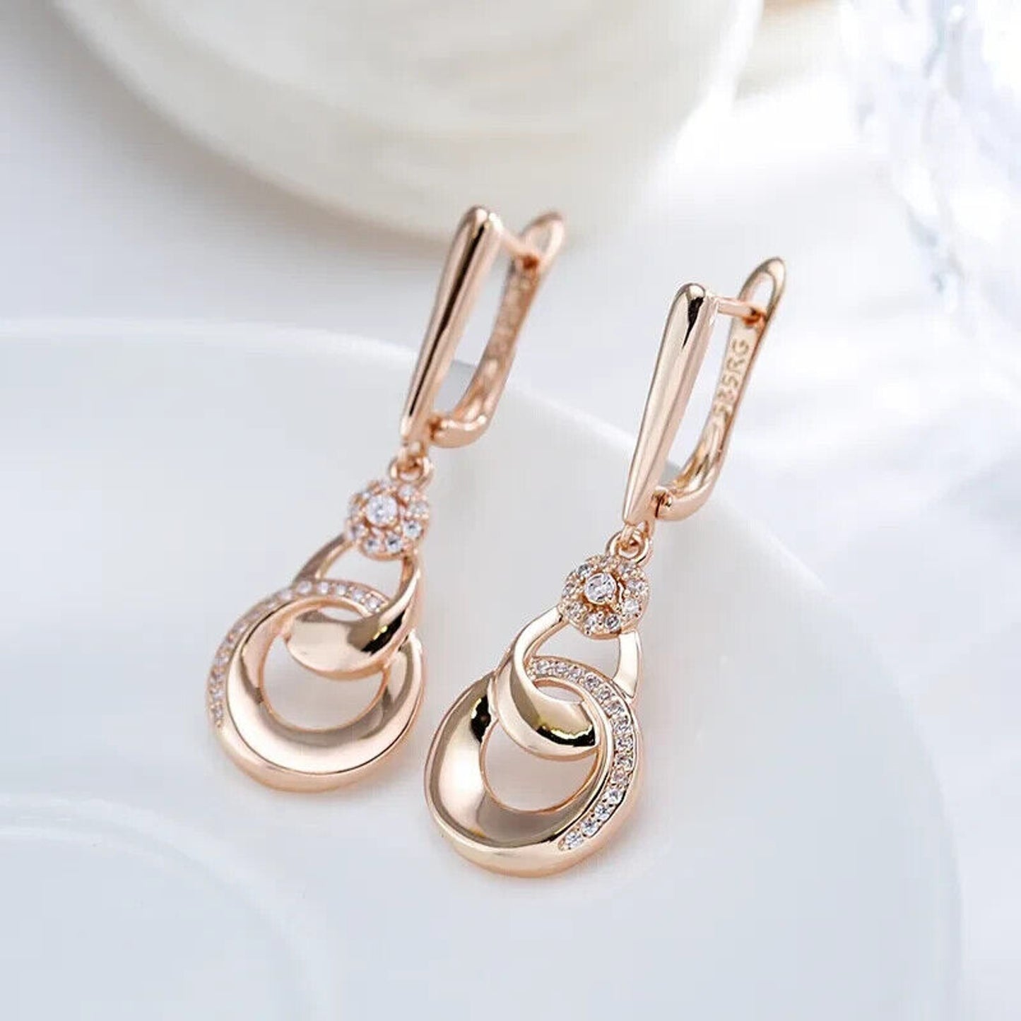 Rose Gold Earrings, Shiny Rose Gold Dangle Earrings, 585 Rose Gold Stud