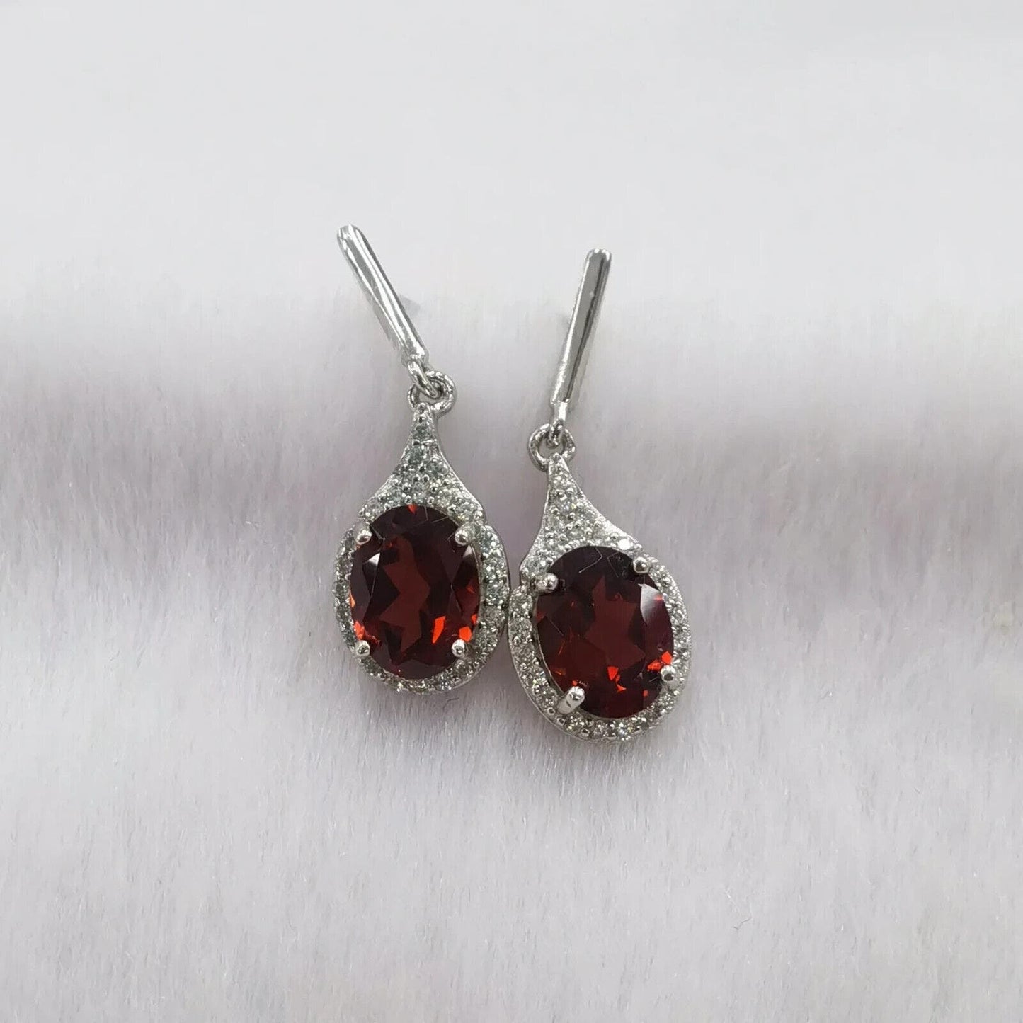 Dark Red Garnet Dangle Earrings 6x8mm Platinum Plated