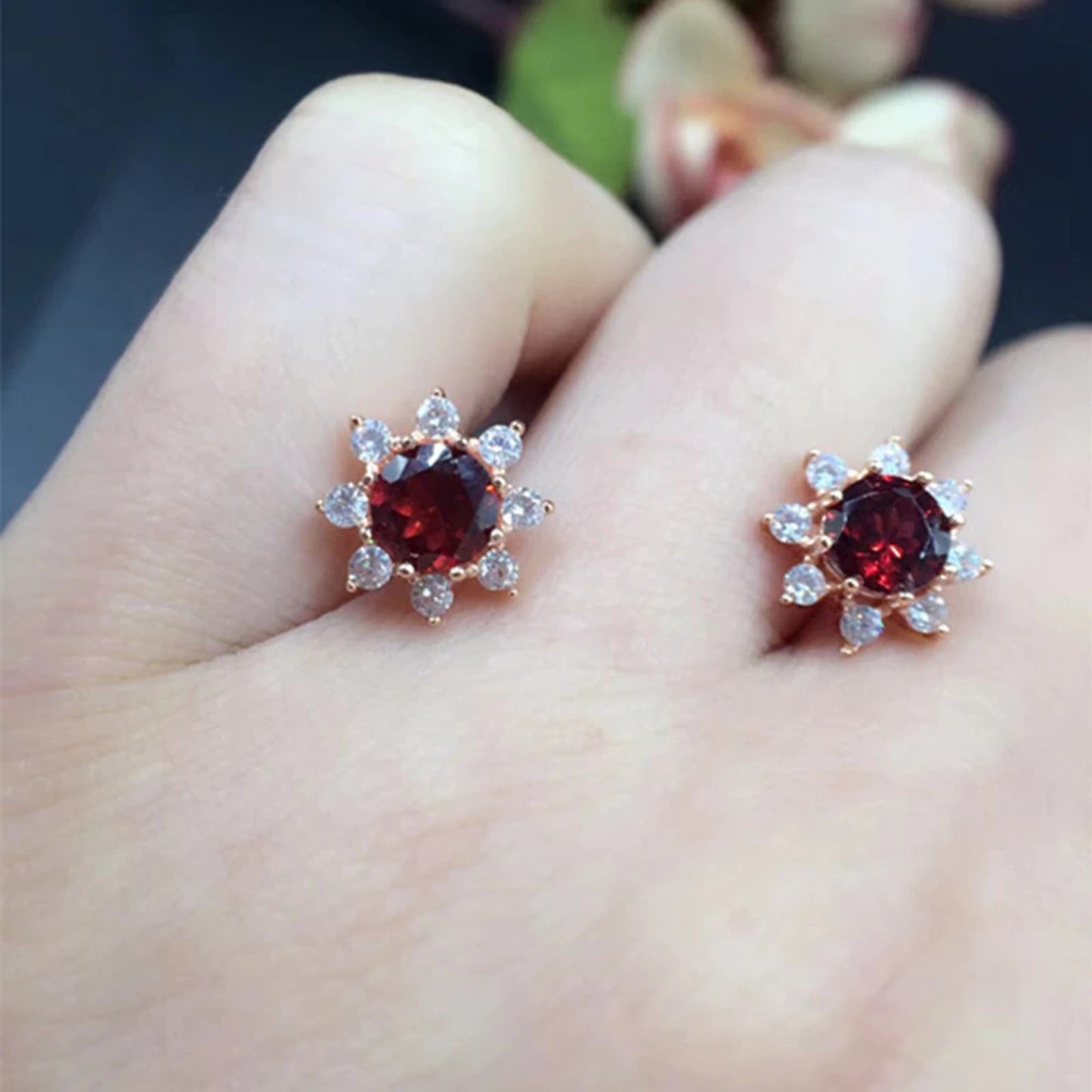 Dark Red Garnet Cluster Stud Earrings 5mm Sterling Silver