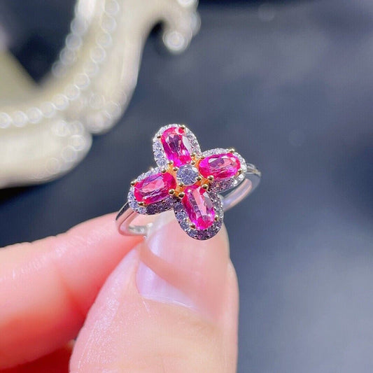 Natural Pink Topaz Floral Ring Sterling Silver 3x5mm Cocktail Ring, Pink Topaz