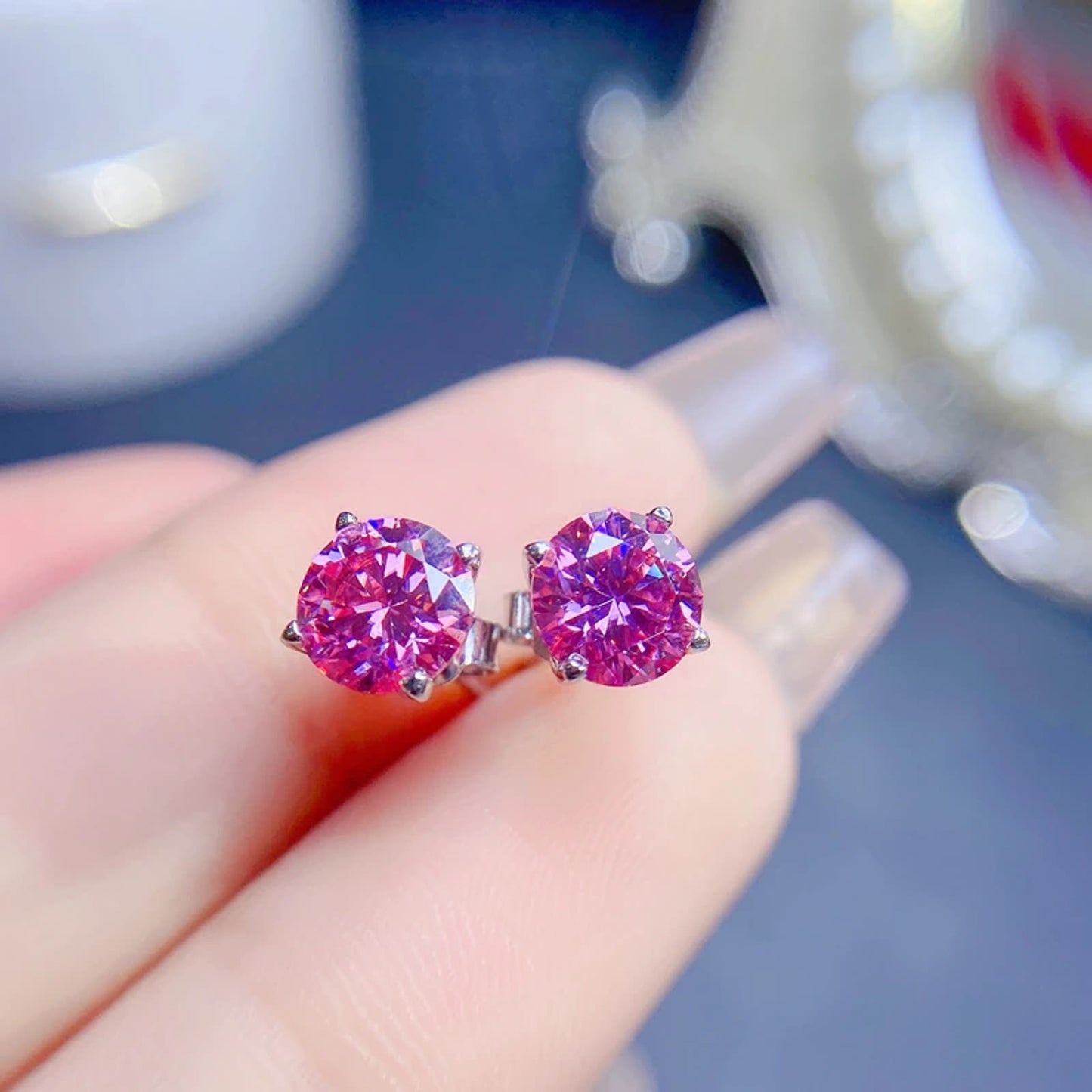 Pink Moissanite Stud Earrings, Women's VVS1 1 Carat Pink Moissanite Earrings