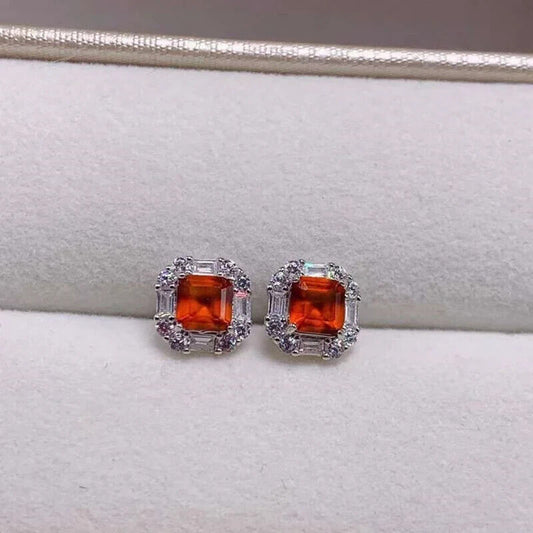 Orange Asscher Cut Garnet Stud Earrings 5x5mm Sterling Silver