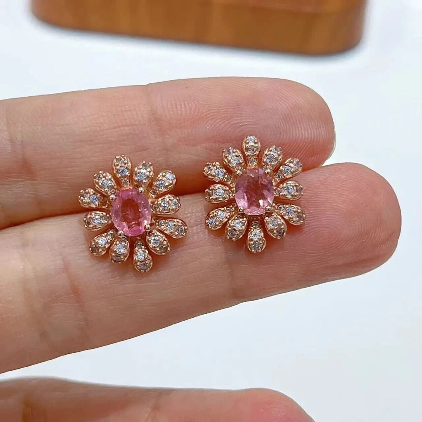Natural Pink Tourmaline Stud Earrings, Rose Gold Pink Tourmaline Flower Earrings