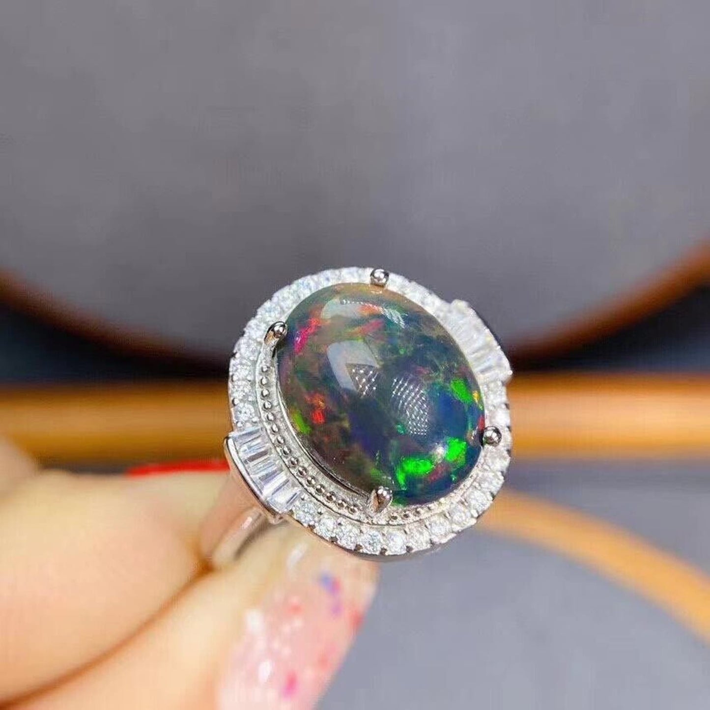 Black Opal Statement Ring 10x12mm Sterling Silver