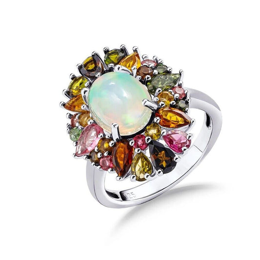 Fire Opal and Multicolor Tourmaline Statement Ring